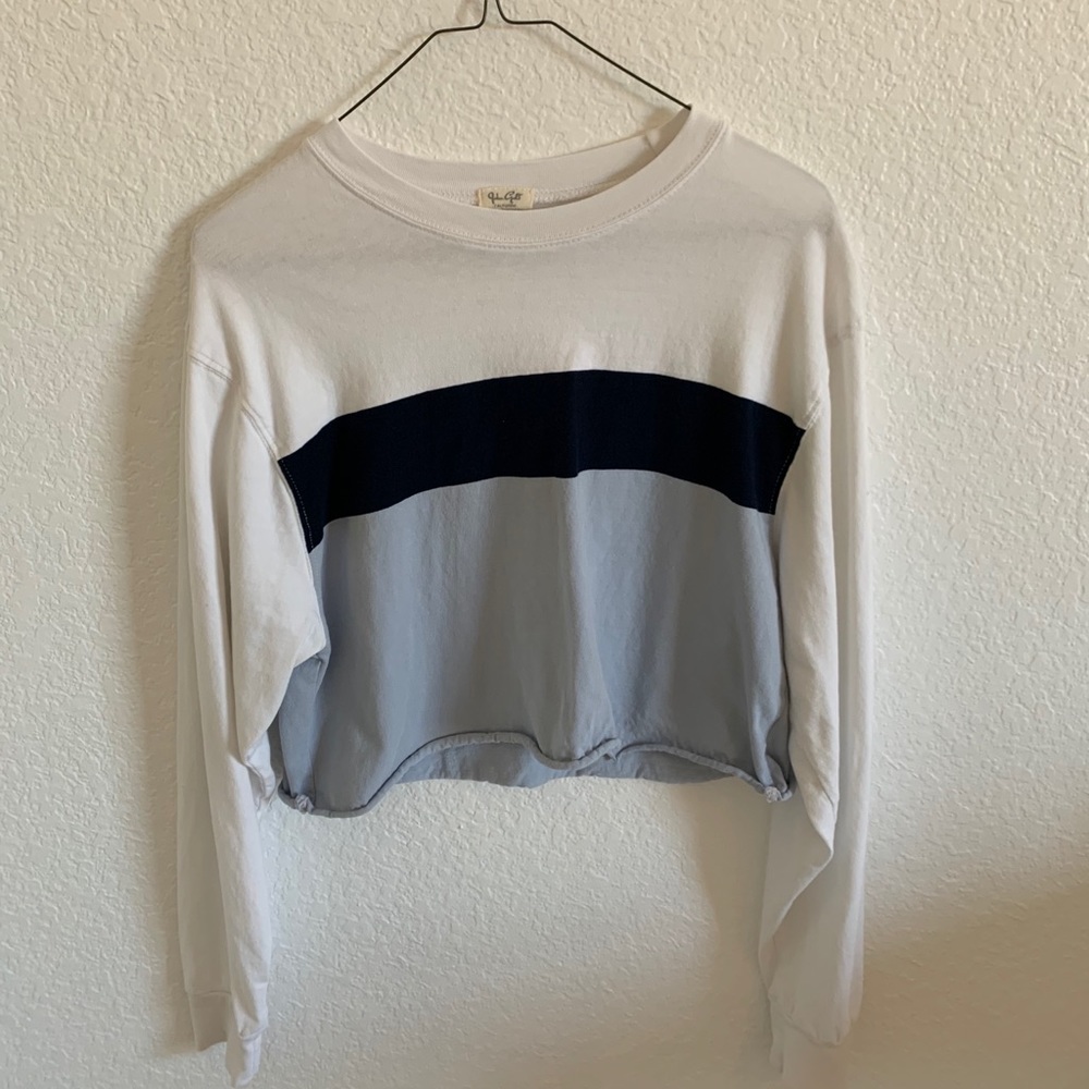 White, Navy, and Light Blue Striped Long Sleeve